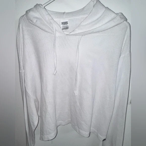 PINK Victoria's Secret White Lightweight Waffle cropped Hoodie - Picture 1 of 6